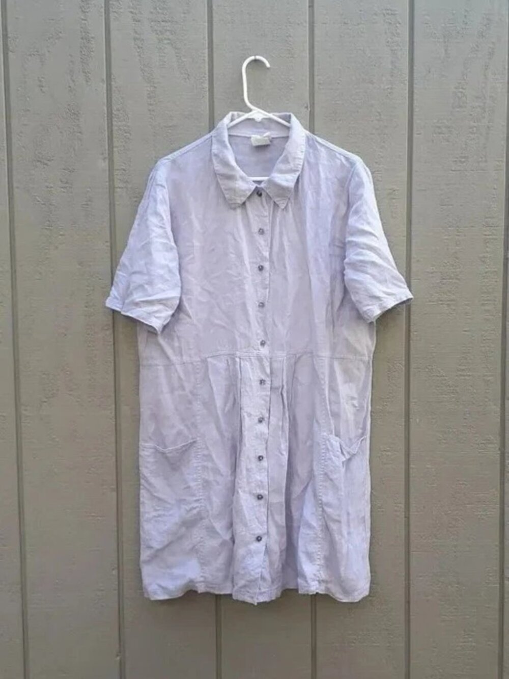 Tom Tom California Linen Shirt Dress L Babydoll Collar Button Up Pockets Purple